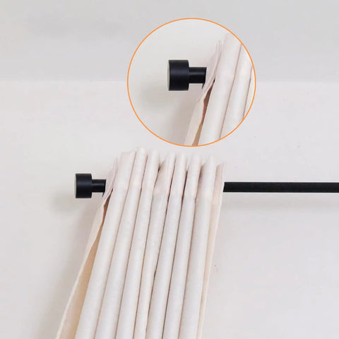 Four Pack Black Curtain Rod Finials End Caps For Seven Eighths And One Inch Curtain Rods Fits Quarter Twenty Threaded Ends Built Tough Wear Resistant Decorative Hardware To Dial Up Your Drape Rod. Black metal curtain rod end cap on rod with white curtain