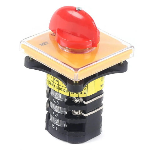 Three Phase Milling Machine Speed Control Switch with Forward and Reverse, metal and plastic, red knob, 64x64x42 mm