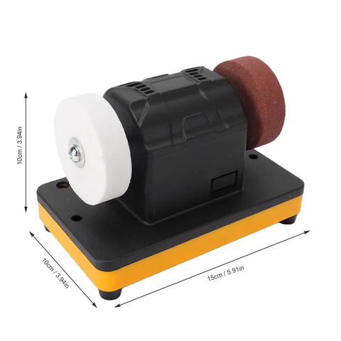 Pocreation Cordless Mini Bench Grinder showing dual grinding wheels on a lightweight base, suitable for metal and wood projects.