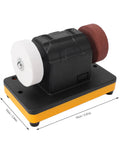 Powerful Cordless Mini Bench Grinder featuring Dual 3 Inch Wheels With Variable Speed Up To Six Thousand RPM on a black and yellow base.