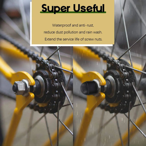 Close-up of bike wheel with 161 Pcs Bolt Covers Kit For Hex Head Bolts M4 M5 M6 M8 M10 M12 Black Plastic Dome Nut End Caps