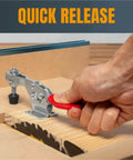 Heavy Duty Pro Grade Industrial Toggle Clamps Set 16 Pcs Quick Release Horizontal Clamps With Anti Slip Rubber Pressure Tips For Woodworking Jigs And Fixtures For Welding, shown in use clamping wood.