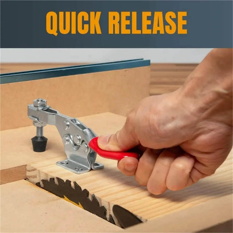 Heavy Duty Pro Grade Industrial Toggle Clamps Set 16 Pcs Quick Release Horizontal Clamps With Anti Slip Rubber Pressure Tips For Woodworking Jigs And Fixtures For Welding, shown in use clamping wood.
