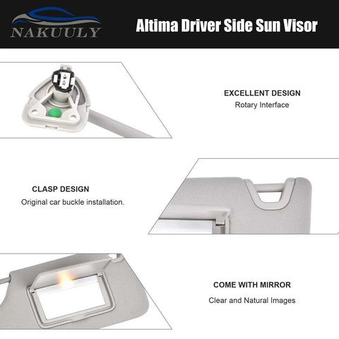 Driver Side Sun Visor With Light For Nissan Altima 2013 2014 2015 2016 2017 2018 Gray Left Replacement, features clasp and rotary interface