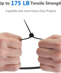 Two hands pulling Heavy Duty 18 Inch Zip Ties 100 Pack Nylon Cable Ties With 175 Lb Tensile Strength Outdoor UV Resistant Black.