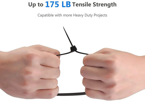 Two hands pulling Heavy Duty 18 Inch Zip Ties 100 Pack Nylon Cable Ties With 175 Lb Tensile Strength Outdoor UV Resistant Black.