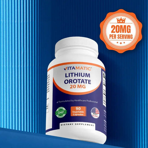 Bottle of Lithium Orotate 20mg Mood Support Supplement with Bioavailable Formula 90 Veggie Caps Gluten Free Non GMO Third Party Tested