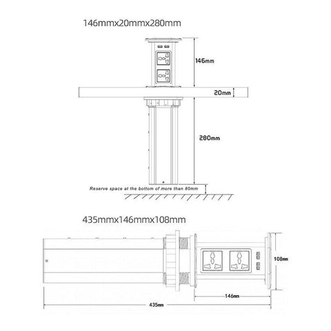 Solid Build Automatic Pop Up Power Strip With Quick Wireless Charging Pad Waterproof Hidden Under Desk Surge Protector dimensions diagram