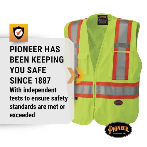 Men's High Visibility Tear Away Safety Vest With Full Mesh Back Class Two Reflective Tape Road Crew Favorite Construction Traffic Control Site Gear Yellow features prominent reflective stripes and pockets.