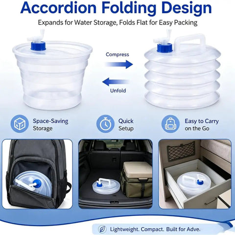 Go-To Collapsible Water Container With Spigot For Travel And Camping showing folding design and storage options.