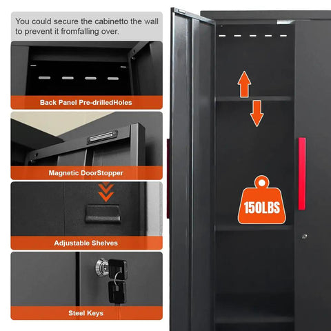 Six Piece Garage Storage Cabinet System With Steel Drawers, Rolling Chest, Heavy Duty Workbench, Pegboard, and Wall Cabinets open view