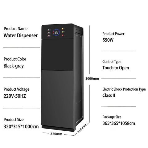 Hot Water Dispenser That Heats In 3 Seconds With 3 Temperature Settings For Kitchen And Home Office Compact Countertop Water Dispenser For Hot Warm Or Cold Water With Easy Tap Controls, black-gray standing unit with dimensions and features listed