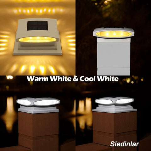 Solar Post Cap Lights Outdoor 24 LED With Two Color Modes Warm White And Cool White, illuminated on wooden posts, night view