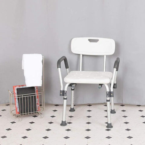 Adjustable White Bath And Shower Chair With Depth Adjustable Back, 300 Lb Capacity, Senior Safe Shower Seat, Easy Drain.
