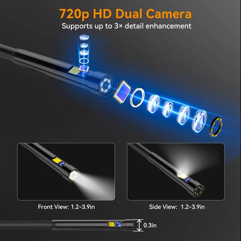 Articulating Borescope With Dual Lens, 5 Inch IPS Screen, 8 LED Lights, exploded view of lens components and angles