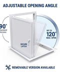 Solid Galvanized Steel Crawl Space Access Panel With No Fuss Thumb Screw for quick PVC and wiring, adjustable 90 to 120-degree opening angle.
