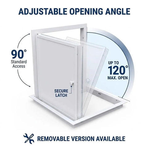 Solid Galvanized Steel Crawl Space Access Panel With No Fuss Thumb Screw for quick PVC and wiring, adjustable 90 to 120-degree opening angle.