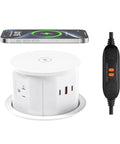 Hassle Free Slick Pop Up Outlet With Wireless Charging Pad And Fast 65W Usb Port 4 Point 7 Inch 20 Amp GfcI Countertop Mount shown with smartphone.