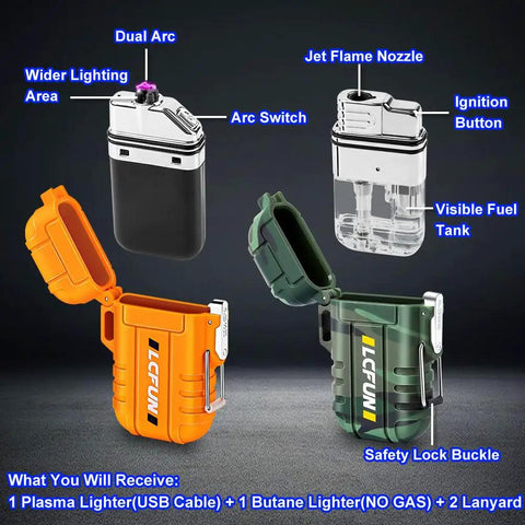 Two Pack Waterproof Outdoor Lighters, Windproof Torch Lighters, Butane Lighters Fuel Not Included, USB Rechargeable Electric Dual Arc Plasma Lighters For Hiking, Camping, Hunting, Survival Gear, Dope Dad Gift For Fathers Day showcasing design and features