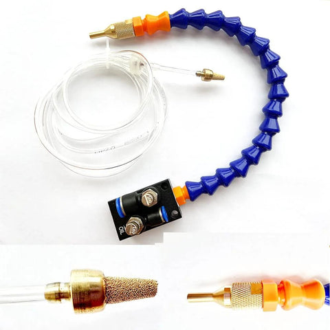 Front view of BACHIN mist coolant spray system with blue flexible hose, orange fittings, clear tubing, oil nozzle adapter