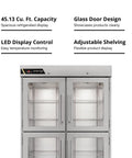 Top Shelf Heavy Duty Commercial Reach In Refrigerator With Split Glass Doors 49 Inch Two Section Design, 45.13 Cu. Ft. capacity and adjustable shelving.