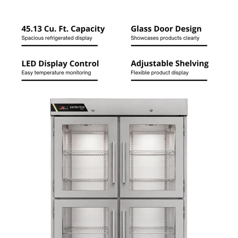 Top Shelf Heavy Duty Commercial Reach In Refrigerator With Split Glass Doors 49 Inch Two Section Design, 45.13 Cu. Ft. capacity and adjustable shelving.