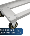 Close-up of the dolly's heavy duty aluminum frame and smooth roll casters for the Heavy Duty Aluminum Milk Crate Dolly With Smooth Roll Casters.