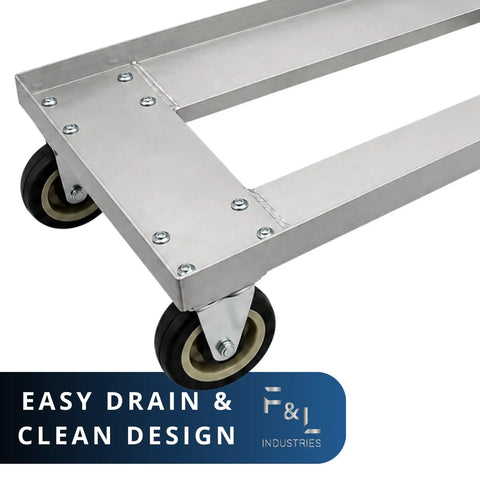 Close-up of the dolly's heavy duty aluminum frame and smooth roll casters for the Heavy Duty Aluminum Milk Crate Dolly With Smooth Roll Casters.