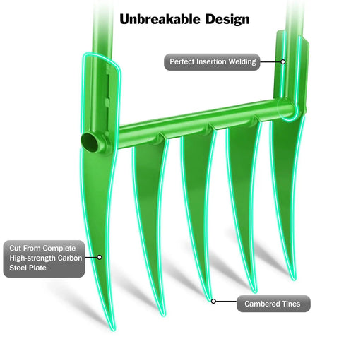 Heavy Duty Broadfork Garden Tool With Five Sharp Cambered 11 Inch Tines 56 Inch Unibody Shaft Unbreakable Construction