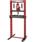 12-Ton Hydraulic Shop Press With Heavy-Duty H-Frame All-Steel Construction Lead-Free Rust-Resistant Finish in a home garage setting