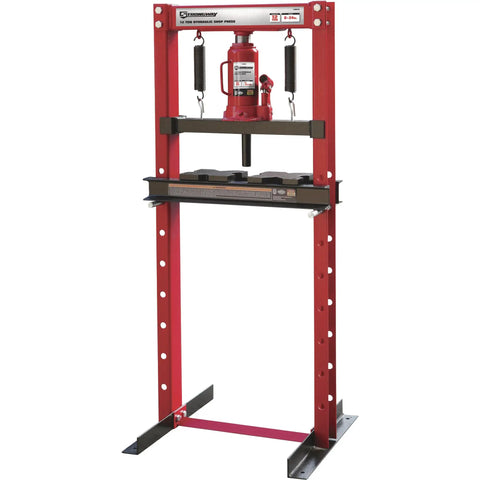 12-Ton Hydraulic Shop Press With Heavy-Duty H-Frame All-Steel Construction Lead-Free Rust-Resistant Finish in a home garage setting