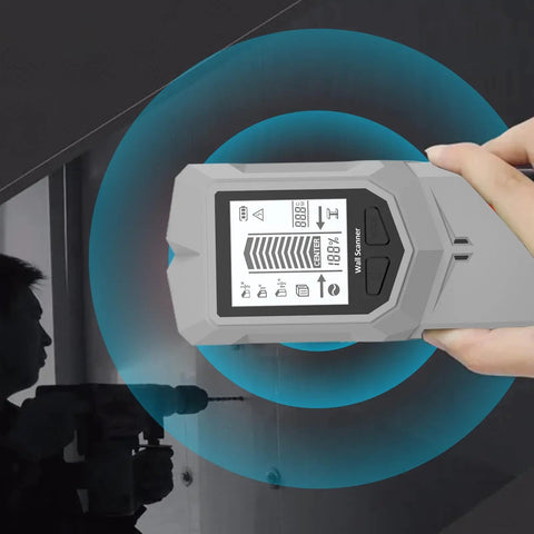 Stud Finder Leveler, Detector, Depth Recognition Detector Tool held by a user, showcasing digital display for accurate scanning.