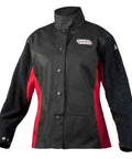Women's Leather Welding Jacket With Tailored Female Fit And Adjustable Side Straps Black And Red Heavy-Duty Weld-Ready Shell