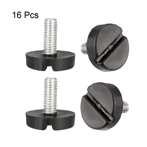 Shake Off That Wobble Fast With These Adjustable Furniture Levelers 16 Pack M6 X 15mm Threaded Feet set with black rubber caps.