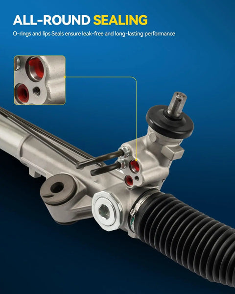 Close-up of hydraulic power steering rack and pinion for Ford F150 2004 2008 4.6L 5.4L RWD with sealing details