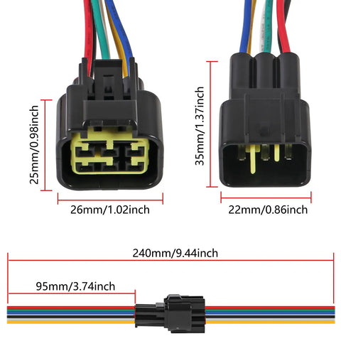 Six Pin Waterproof Electrical Connector Kit 16 AWG Quick Disconnect M F Plugs 3.4 Inch Socket with dimensions and wires