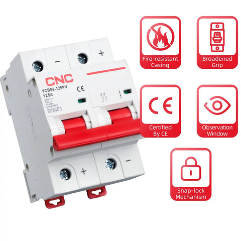Rock Solid 2 Pole 100 Amp 500V Dc Miniature Circuit Breaker With Din Rail Mount For Solar Pv Systems with red switches.