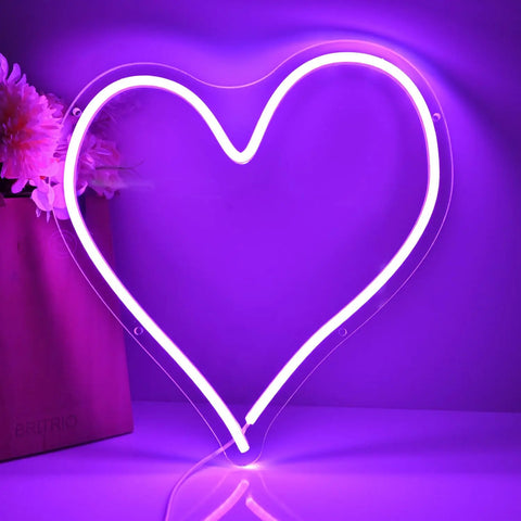 Heart Shape LED Neon Light Sign 13.4 Inch wall hanging neon vibe decor glowing in purple, USB powered 5V night light.