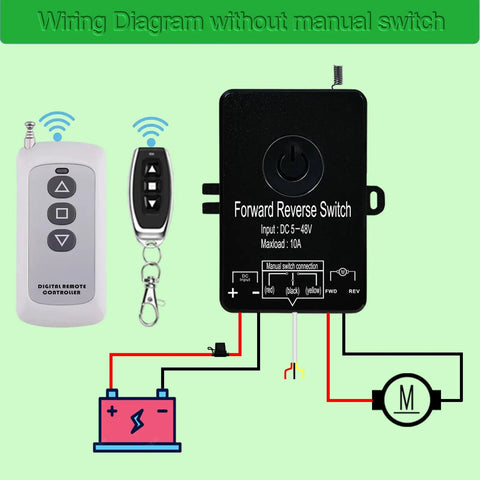 Wiring diagram for Waterproof Wireless Remote Forward And Reverse Switch For Linear Actuators 5 To 48V DC, 10A Controller.