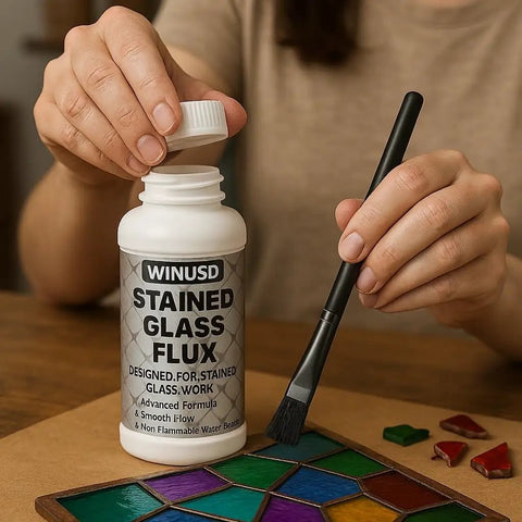 Person using 8oz Liquid Solder Flux For Stained Glass Soldering Supplies And Electrical Repairs Water Based Formula Pro Grade