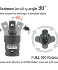 Impact Universal Joint Socket Set With Swivel Adapters showing 30° bending angle and full 360° rotation for tight spaces.