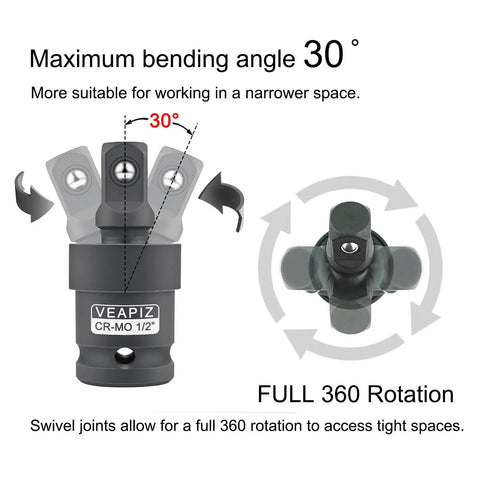 Impact Universal Joint Socket Set With Swivel Adapters showing 30° bending angle and full 360° rotation for tight spaces.