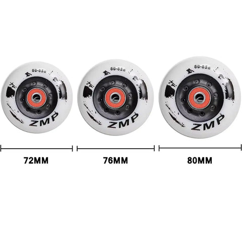 Three black and white inline skate wheels with bearings, sizes 72mm, 76mm, 80mm, for Eight Pack Inline Skate Wheels With Bearings For Rollerblades 72mm 76mm Or 80mm 85A Hardness Indoor Outdoor Replacement Wheel Set For Dope Grip Speed And Durability.