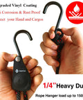 Close-up of hands holding black heavy duty kayak and canoe tie down strap with ratchet pulley rope hanger, 12 feet, 2 pack