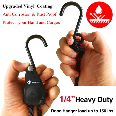 Close-up of hands holding black heavy duty kayak and canoe tie down strap with ratchet pulley rope hanger, 12 feet, 2 pack