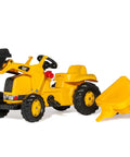Construction Pedal Tractor With Front Loader And Detachable Trailer For Kids Ages 2.5 And Up in bright yellow on white background