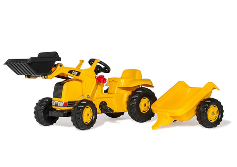Construction Pedal Tractor With Front Loader And Detachable Trailer For Kids Ages 2.5 And Up in bright yellow on white background
