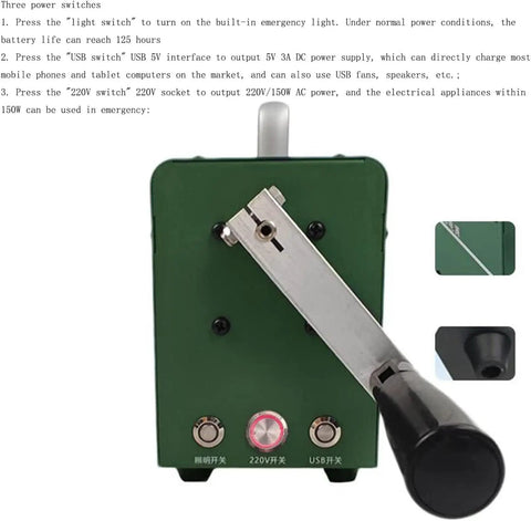 Front view of green 150W Hand Cranked Generator With Dual Direction Crank Portable Dynamo For Off Grid Power