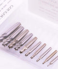 Amazon GOUGOUGA 10-piece HSS CNC end mills set, 4-flute, silver metal, arranged in a clear plastic case