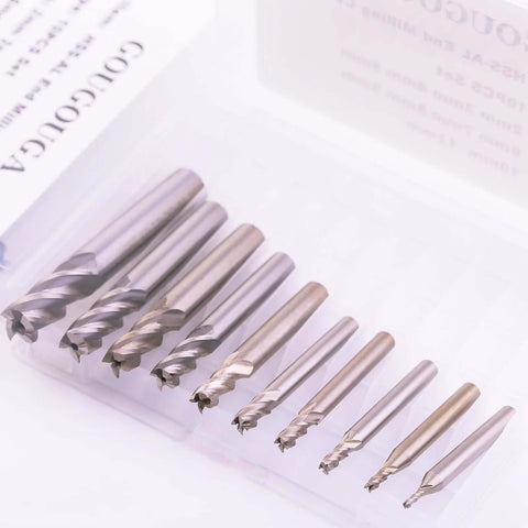 Amazon GOUGOUGA 10-piece HSS CNC end mills set, 4-flute, silver metal, arranged in a clear plastic case